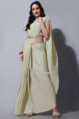 Cream Chinon Half Crush With Thread Sequin Embroidery Work Saree