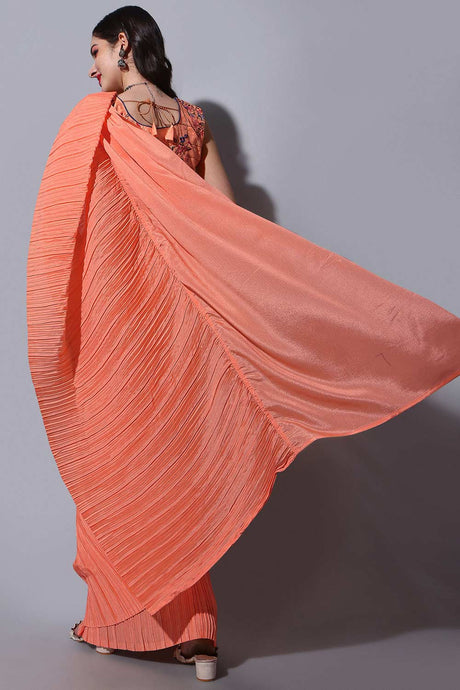 Orange Chinon Half Crush with Thread sequin Embroidery Work Saree