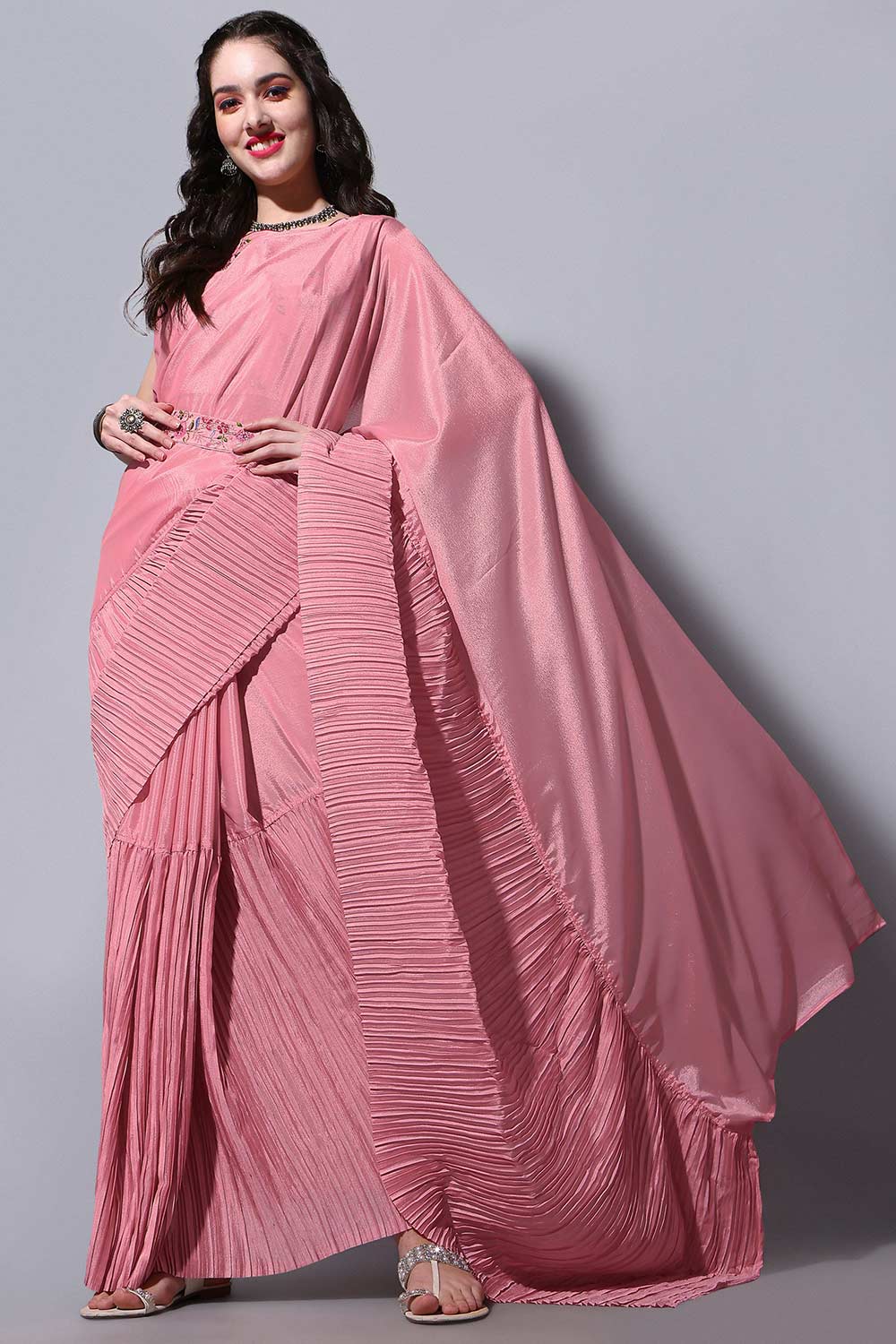 Peach Chinon Half Crush With Thread Sequin Embroidery Work Saree