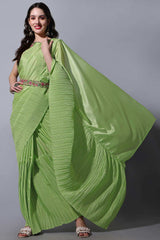 Pista Chinon Half Crush With Thread Sequin Embroidery Work Saree