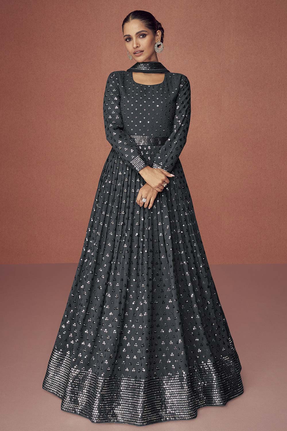 Black Faux Georgette Thread Sequin Embroidery Anarkali Suit Set