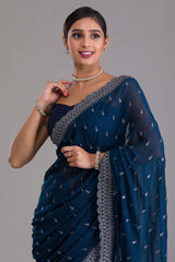 Nevy Blue Chinon Sequin Embroidery Saree