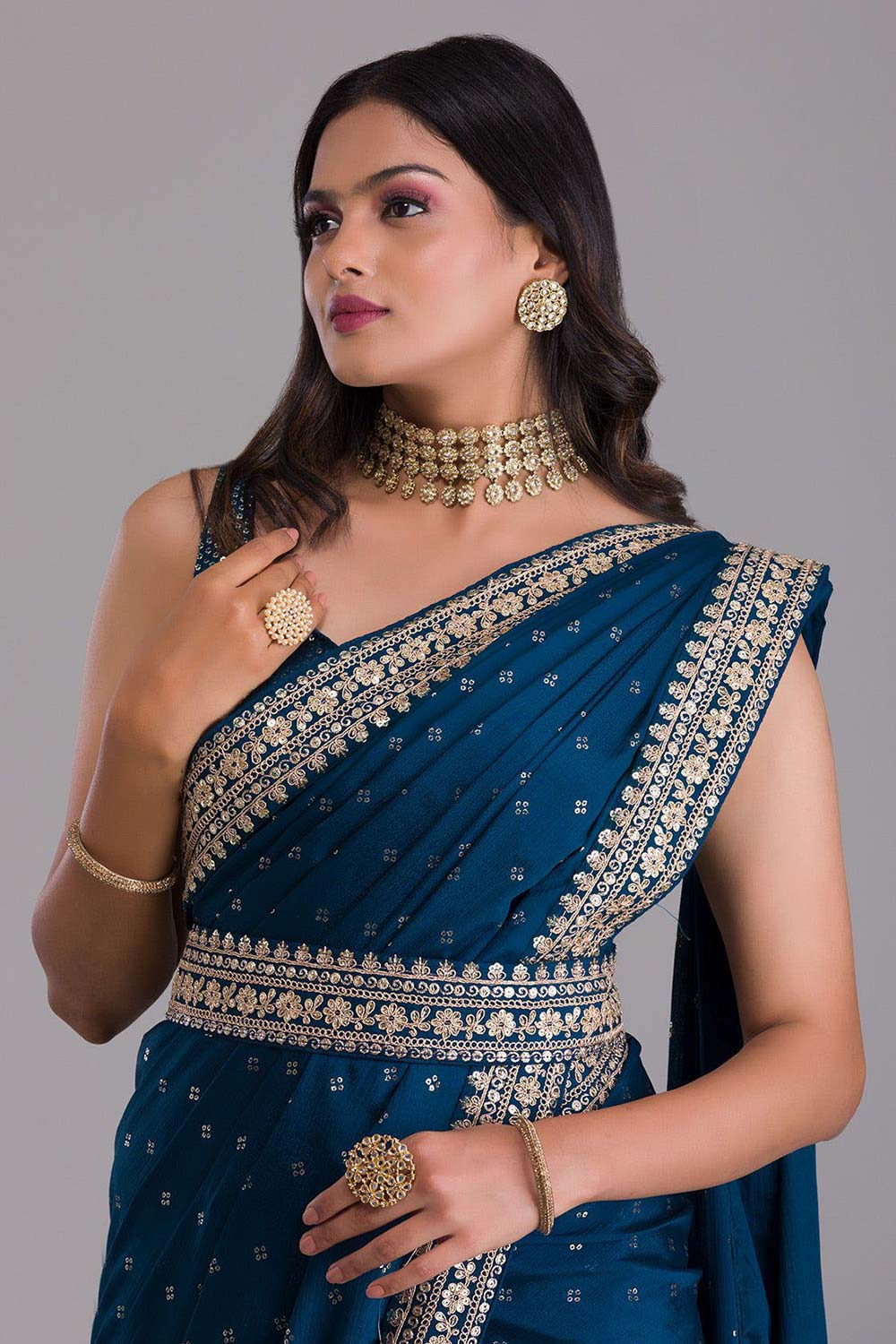 Navy Blue Art Silk Sequin Embroidery Saree