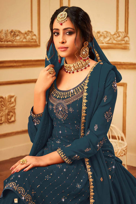 Blue Faux Georgette Sequin Embroidery Sharara Suit Set
