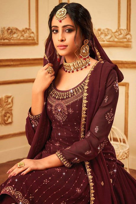 Maroon Faux Georgette Sequin Embroidery Sharara Suit Set