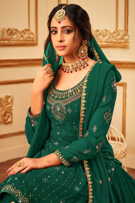 Green Faux Georgette Sequin Embroidery Sharara Suit Set