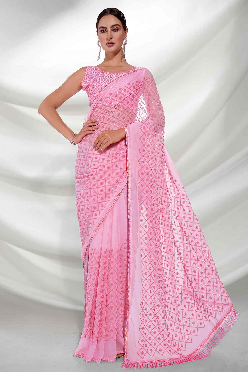 Buy Pink Georgette Art Silk Heavy Designer saree Online - KARMAPLACE