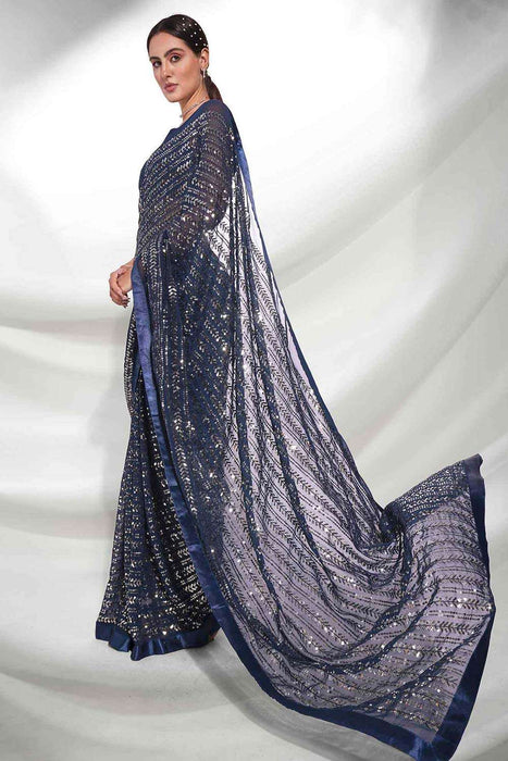 Blue Faux Georgette Sequins Chikankari Saree Party Wear