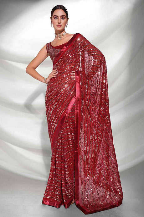 Buy Red Georgette Art Silk Heavy Designer saree Online - KARMAPLACE