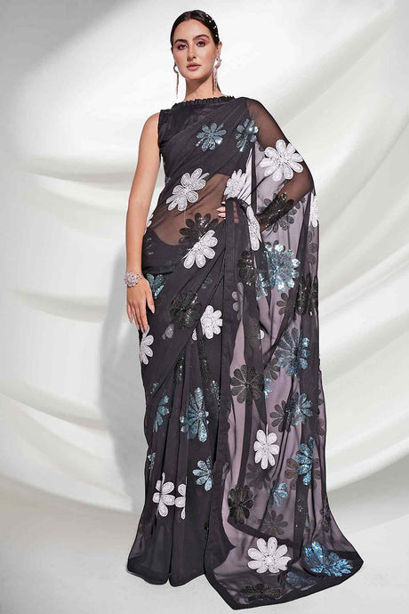 Buy Black Georgette Art Silk Heavy Designer saree Online - KARMAPLACE