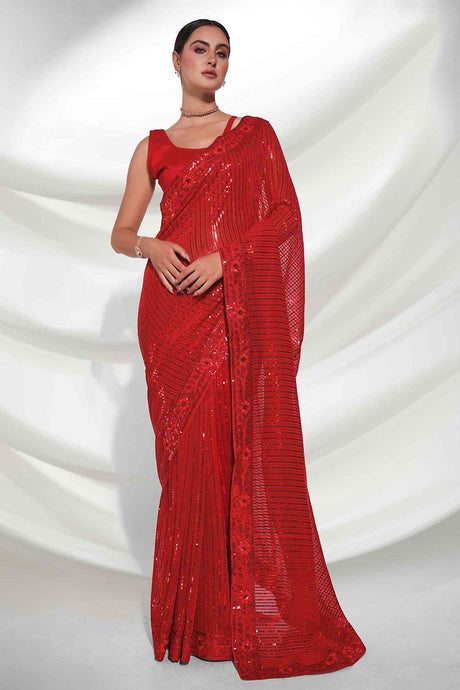 Buy Red Georgette Art Silk Heavy Designer saree Online - KARMAPLACE