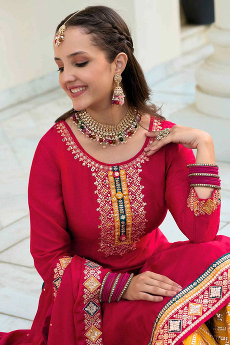 Red Georgette Embroideried Palazzo Suit Set