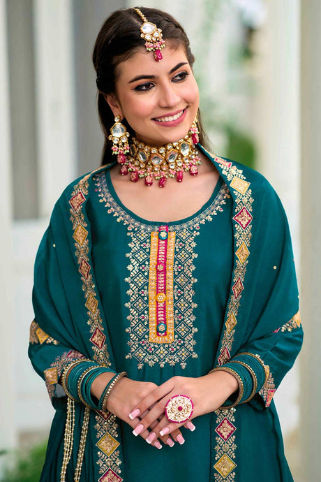 Teal Georgette Embroideried Palazzo Suit Set