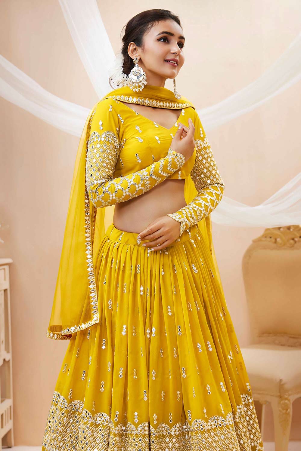 Yellow Georgette Sequins Embroidered Lehenga Set