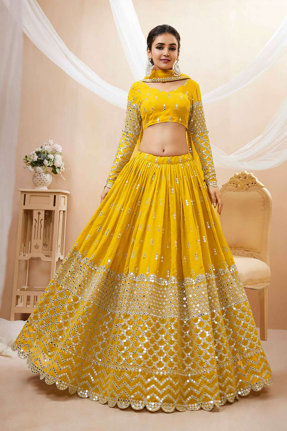 Yellow Georgette Sequins Embroidered Lehenga Set