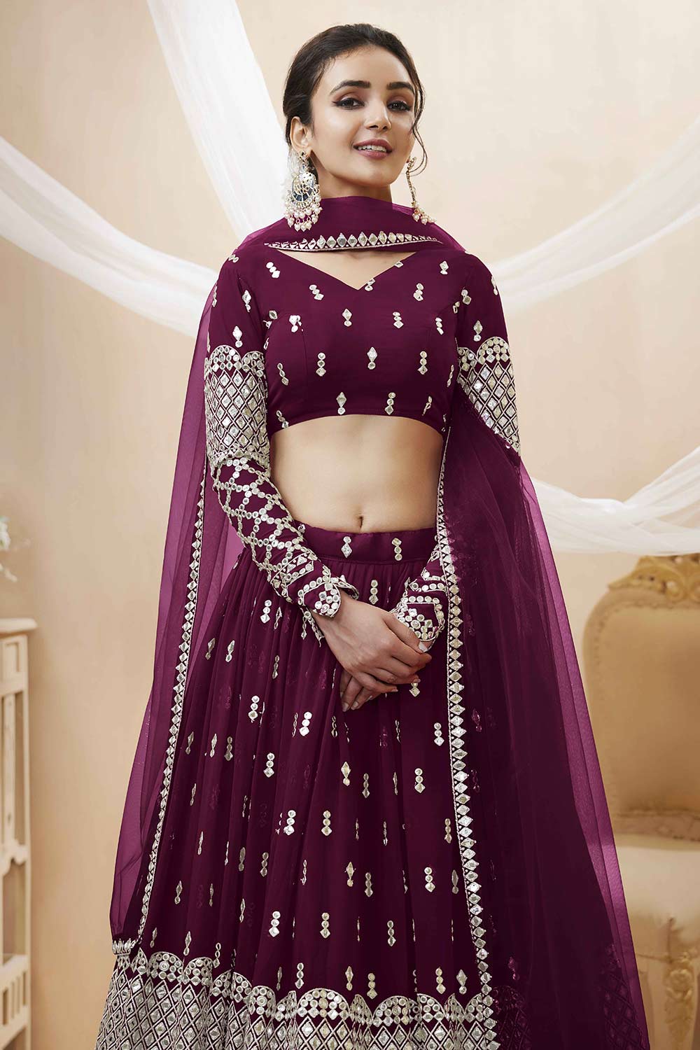 Wine Georgette Sequins Embroidered Lehenga Set