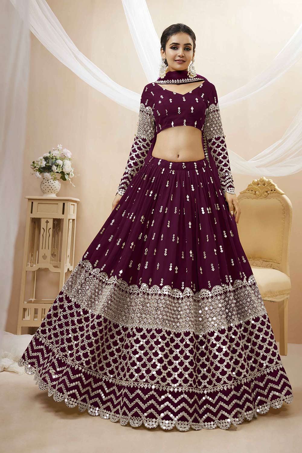 Wine Georgette Sequins Embroidered Lehenga Set