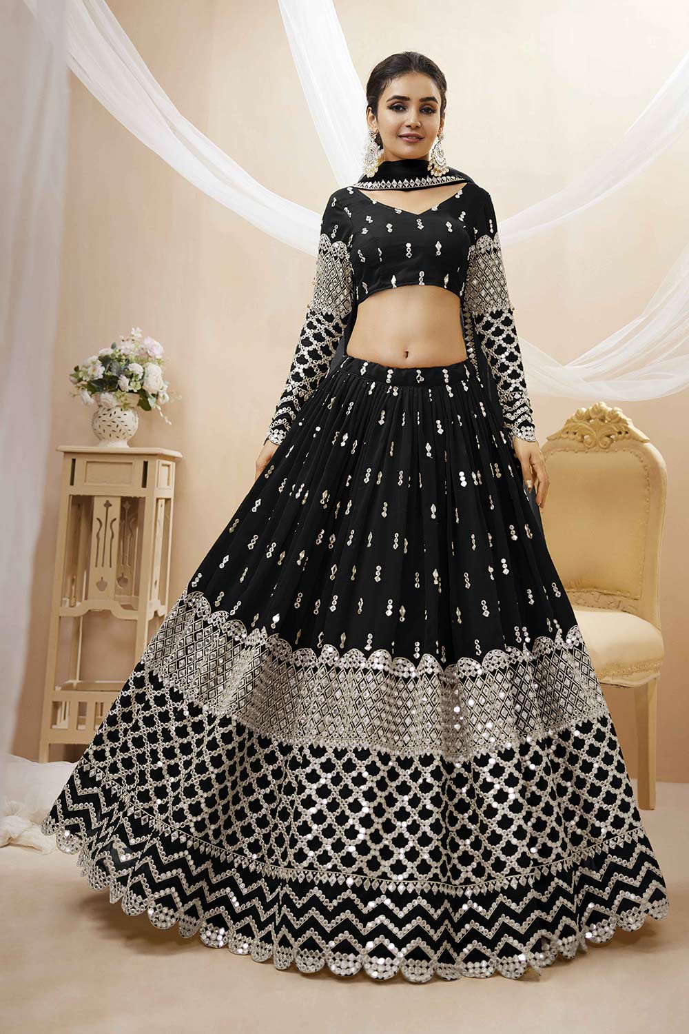 Black Georgette Sequins Embroidered Lehenga Set