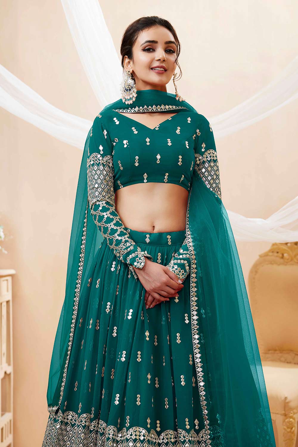 Teal Blue Georgette Sequins Embroidered Lehenga Set