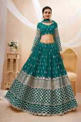 Teal Blue Georgette Sequins Embroidered Lehenga Set