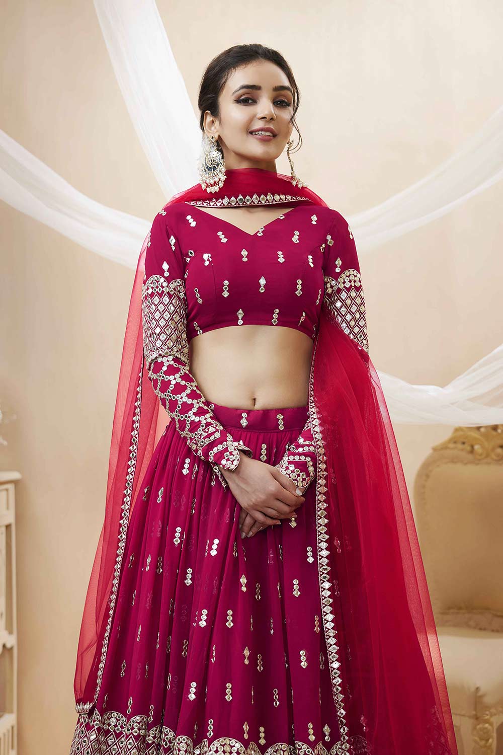 Hot Pink Georgette Sequins Embroidered Lehenga Set