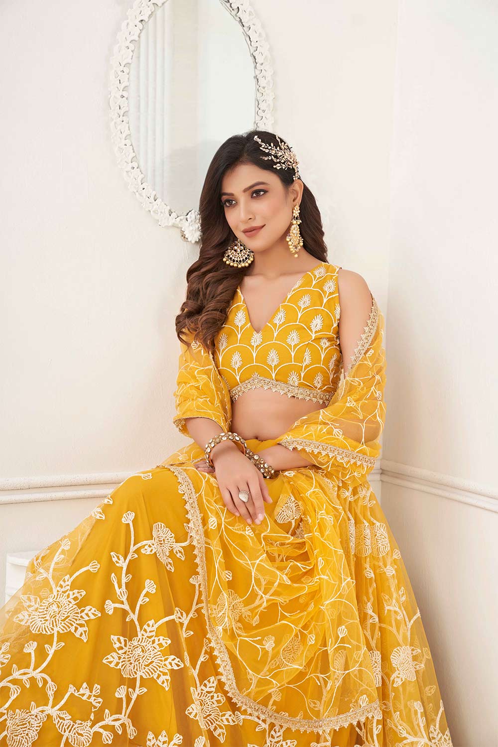 Mustard Yellow Net And Sequin Embroidered Lehenga Set