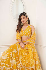 Mustard Yellow Net And Sequin Embroidered Lehenga Set