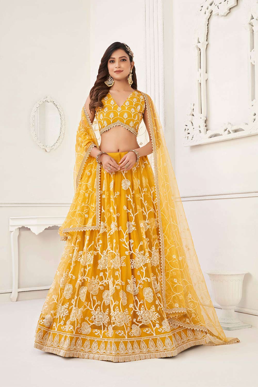 Mustard Yellow Net And Sequin Embroidered Lehenga Set