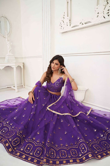 Purple Net Sequin Embroidered Lehenga Set