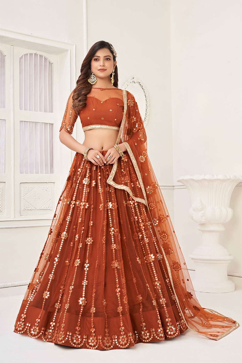 Brown Net Sequin Embroidered Lehenga Set