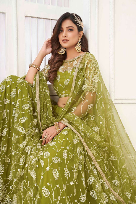 Olive Green Net And Embroidered Lehenga Set