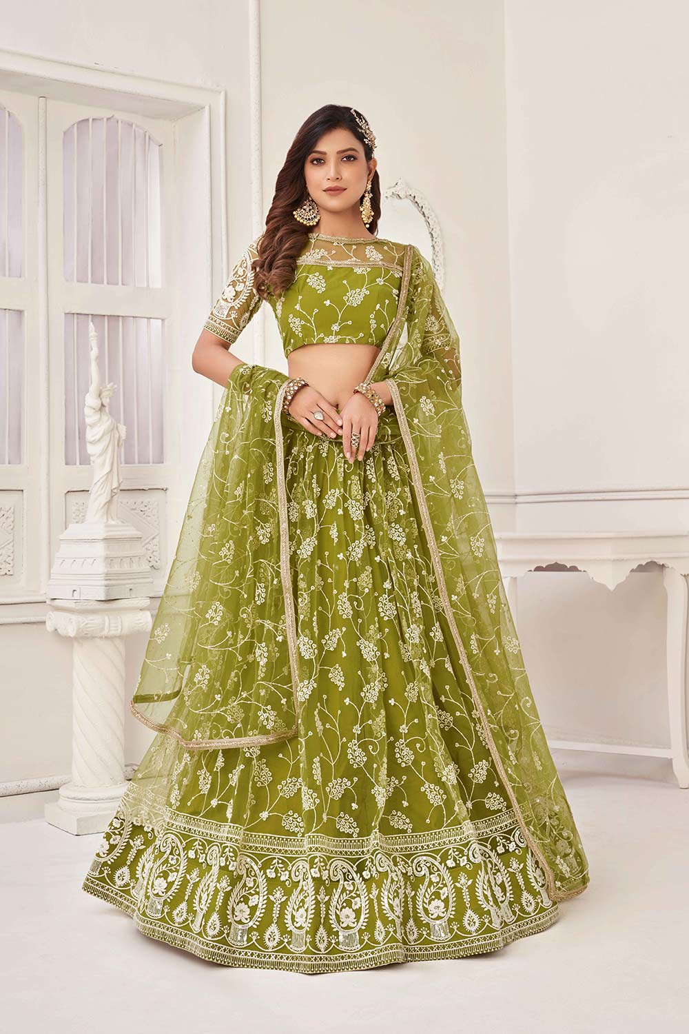 Olive Green Net And Embroidered Lehenga Set