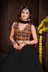 Black French Crape Mirror And Thread Embroidered Lehenga Set