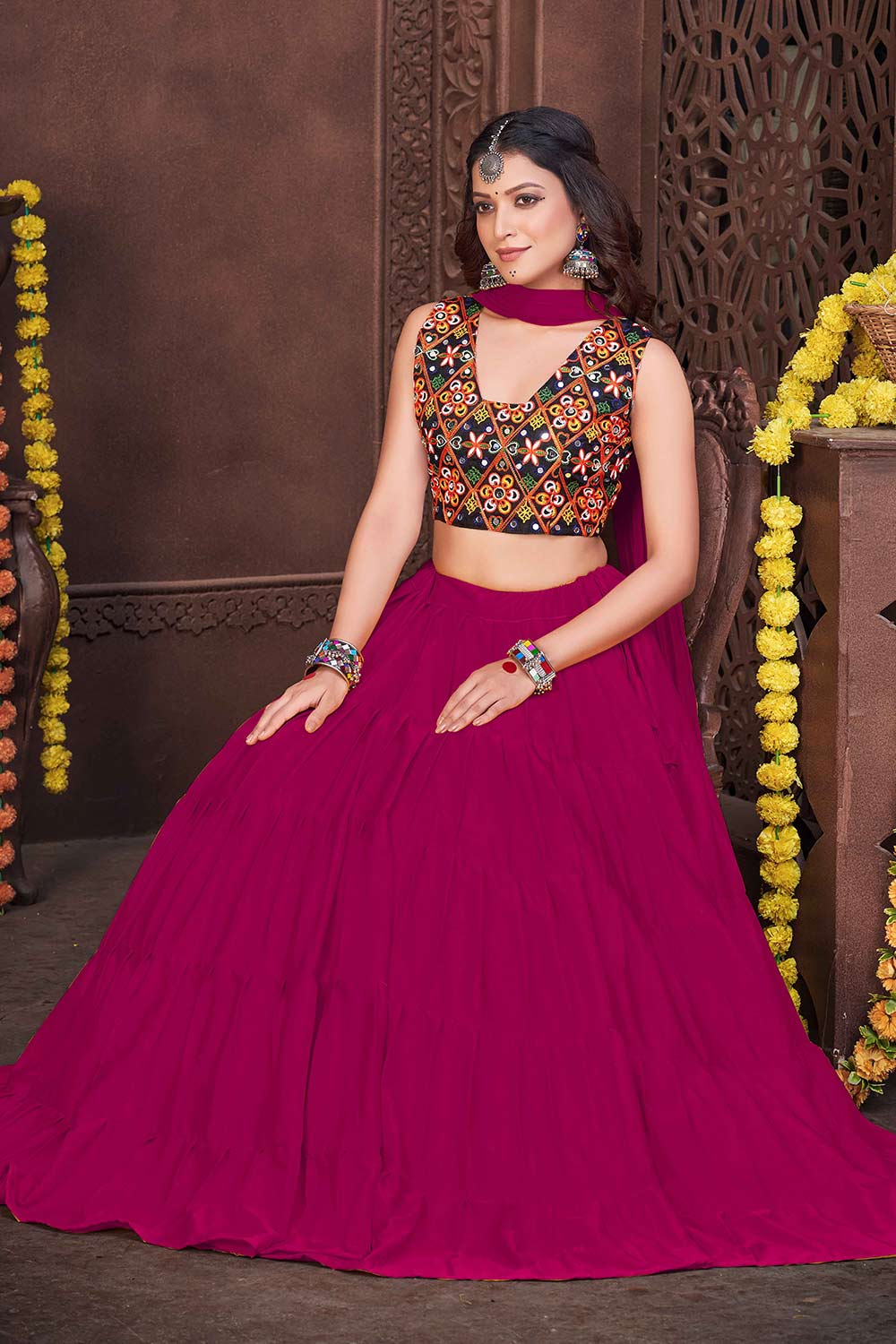 Pink French Crape Mirror And Thread Embroidered Lehenga Set
