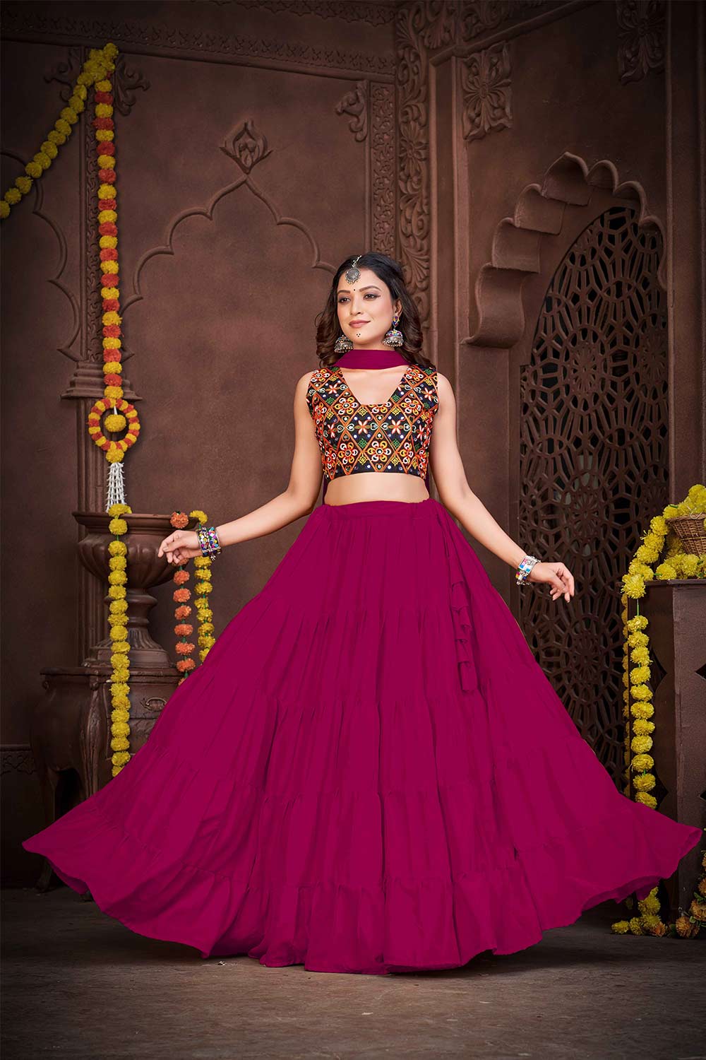 Pink French Crape Mirror And Thread Embroidered Lehenga Set