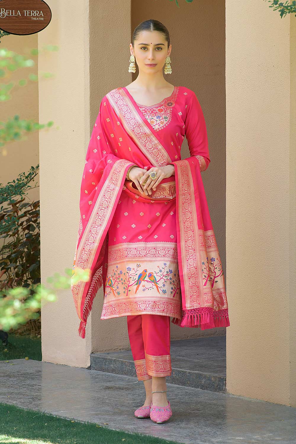 Buy Pink Banarasi Silk Paithani Salwar Suit Online Karmaplace