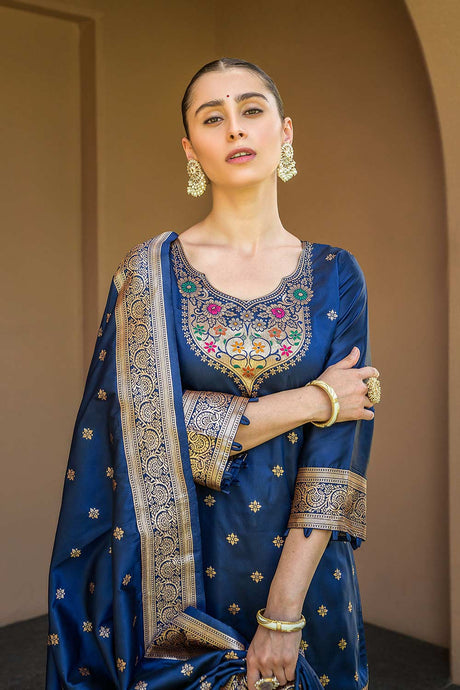 Navy Blue Banarasi Silk Paithani Salwar Suit