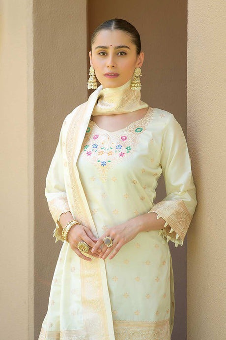 White Banarasi Silk Paithani Salwar Suit