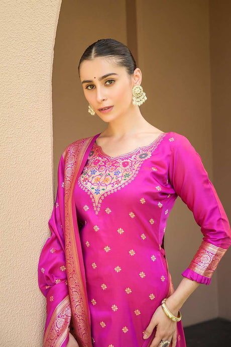 Pink Banarasi Silk Paithani Salwar Suit