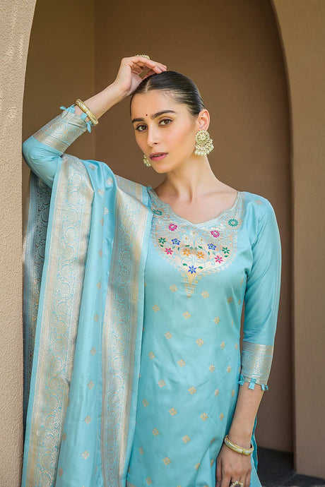 Sky Blue Banarasi Silk Paithani Salwar Suit