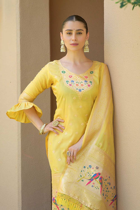 Yellow Banarasi Silk Paithani Salwar Suit