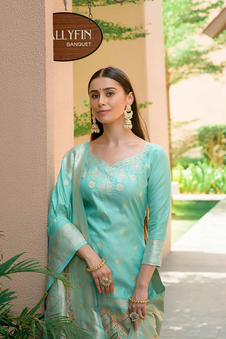 Turquoise Banarasi Silk Paithani Salwar Suit