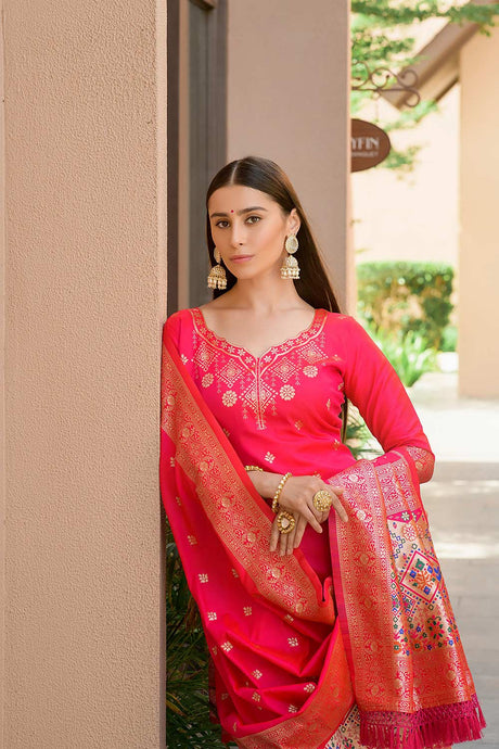Pink Banarasi Silk Paithani Salwar Suit