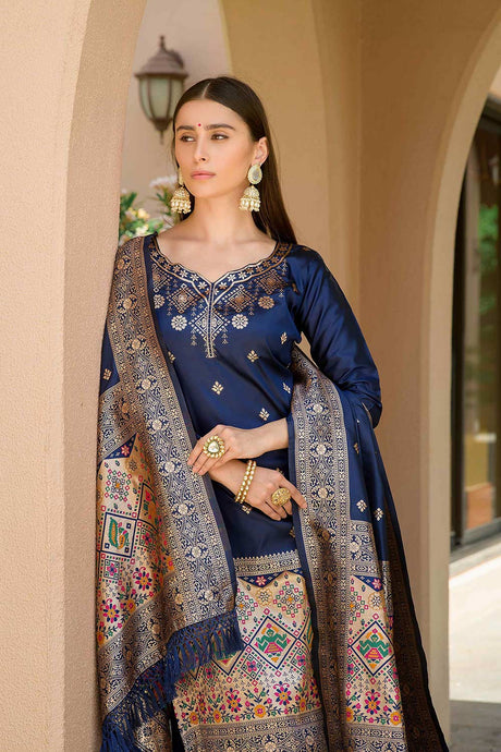 Navy Blue Banarasi Silk Paithani Salwar Suit