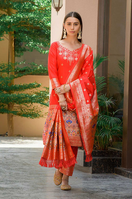 Red Banarasi Silk Paithani Salwar Suit