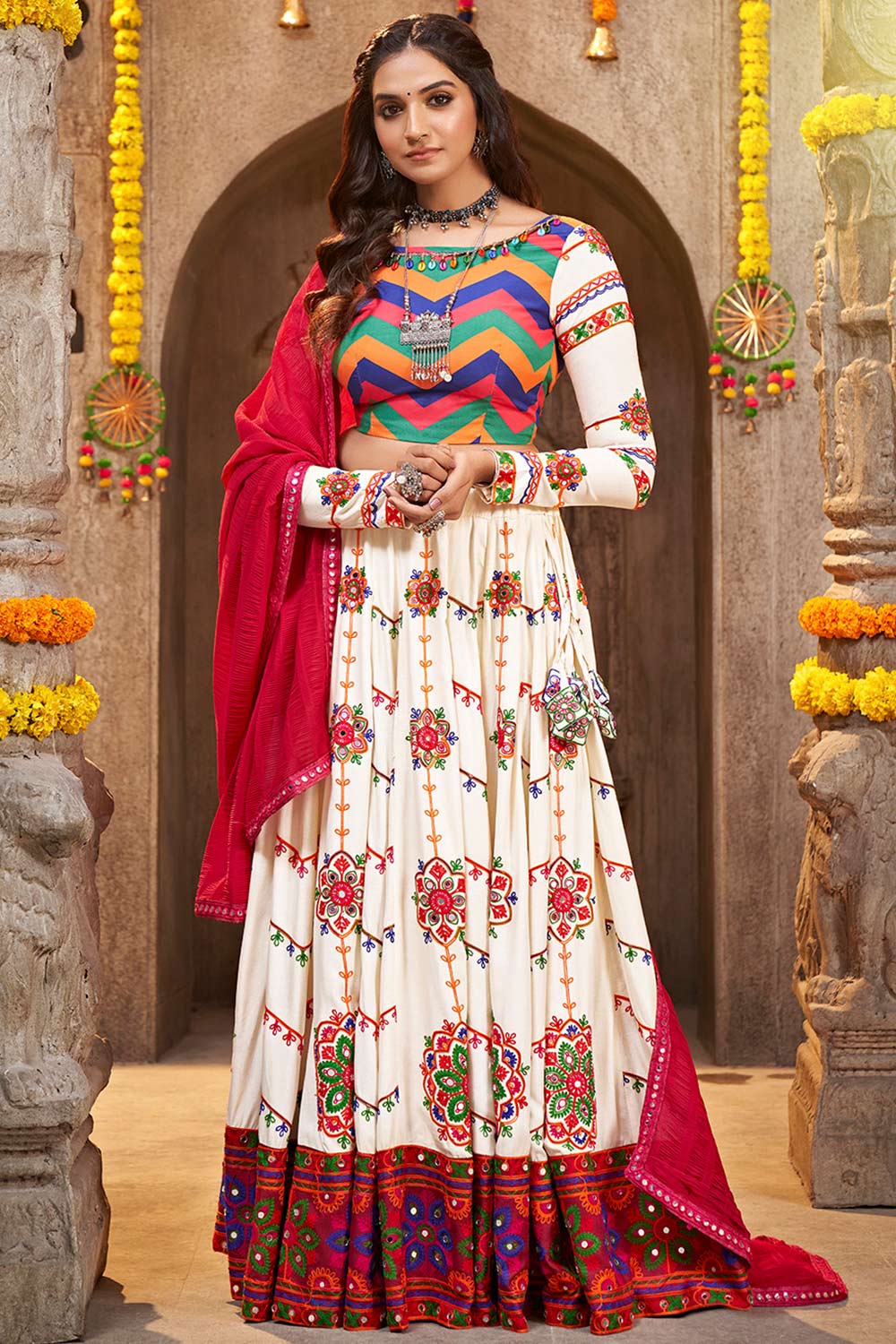 Pearl White Mirror And Thread Embroidered Crushed Lehenga Set