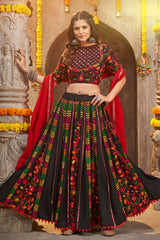 Black Viscose Rayon Mirror And Thread Embroidered Crushed Lehenga Set