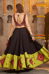 Black Viscose Rayon Mirror And Thread Embroidered Printed Lehenga Set