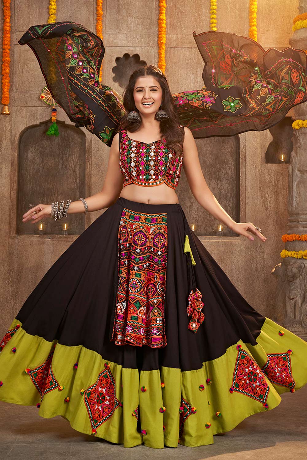 Black Viscose Rayon Mirror And Thread Embroidered Printed Lehenga Set