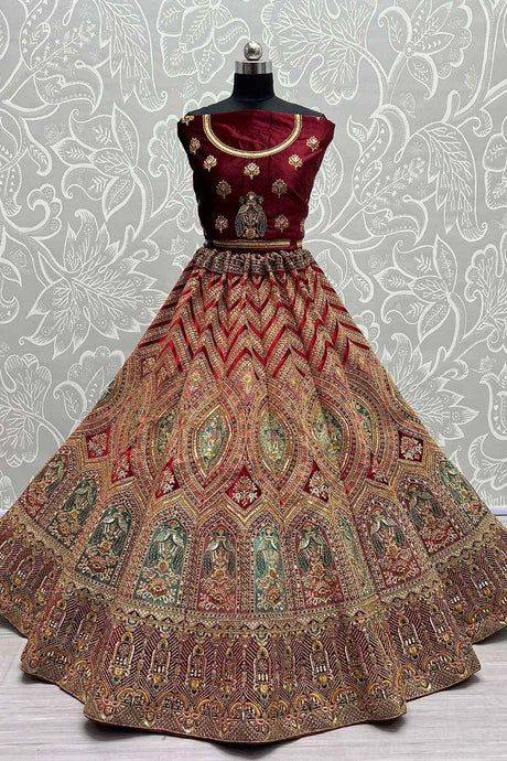 Maroon Silk Multy Sequin And Thread Embroidered Bridal Lehenga Set